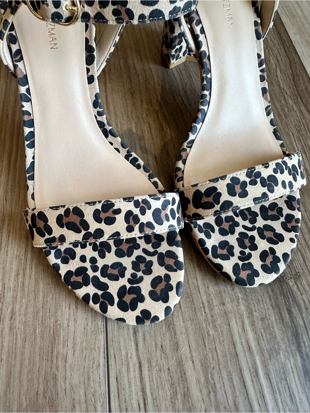 Stuart Weitzman Leopard Print Block Heel Sandals in Tan and Black - Picture 5 of 11